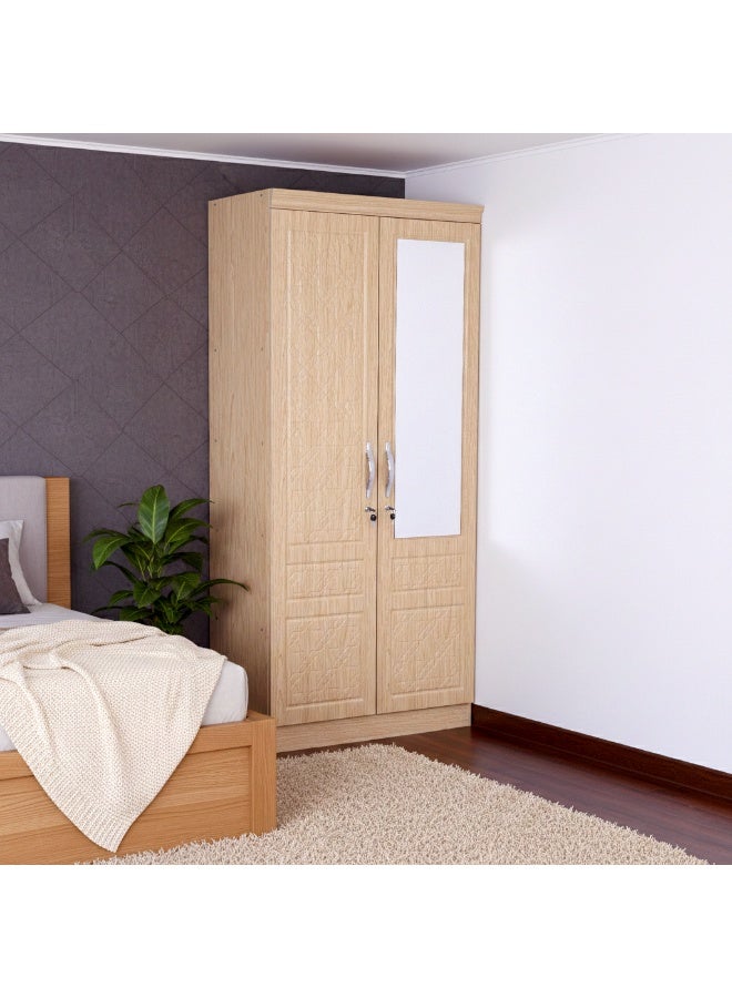 Multi Home Furniture 2 Door Wooden Wardrobe 7721 Oak with Mirror | Modern Storage Almirah with Lock & Handles | Bedroom Clothes Cabinet – Light Oak Finish - Image 1